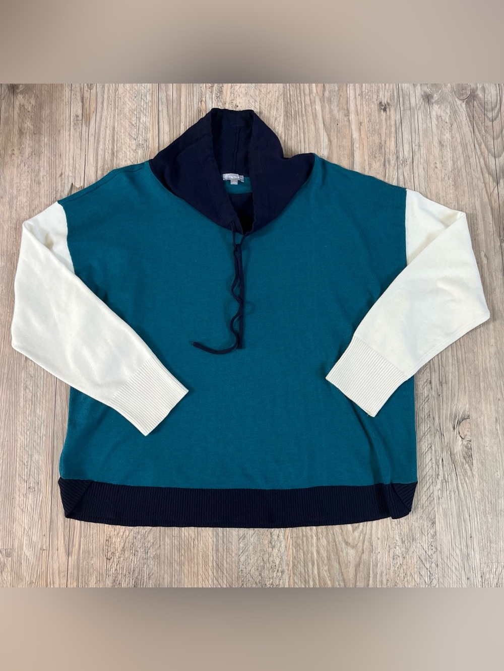 T by Talbots Colorblock Cowl Funnel Neck Knit Sweater Teal Navy White Women XL
